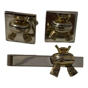 Vintage curling cufflinks & tie clip set. Silver toned with gold accent